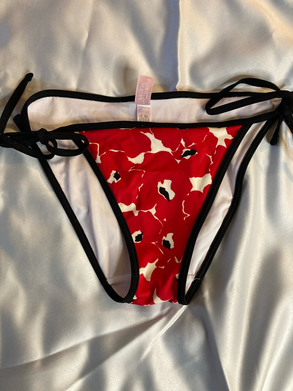 Victoria's Secret Red Floral Tie-Side Bikini Bottom with Black Trim